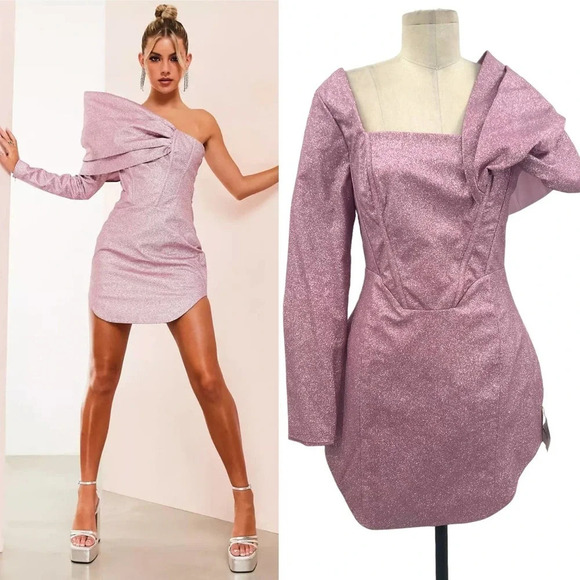 ASOS LUXE Structured One Shoulder Mini Dress in Pink Glitter Size US 6 - Picture 1 of 13